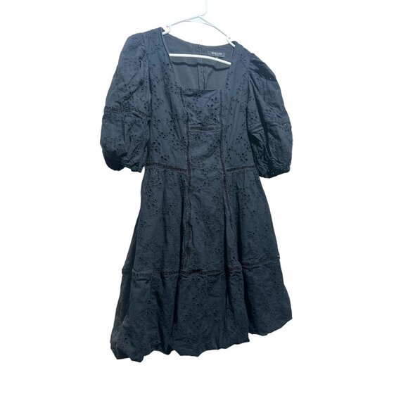Beulah Eyelet bubble Hem Mini Dress fit flare Medium Black Puff Sleeves Romantic - Picture 13 of 16